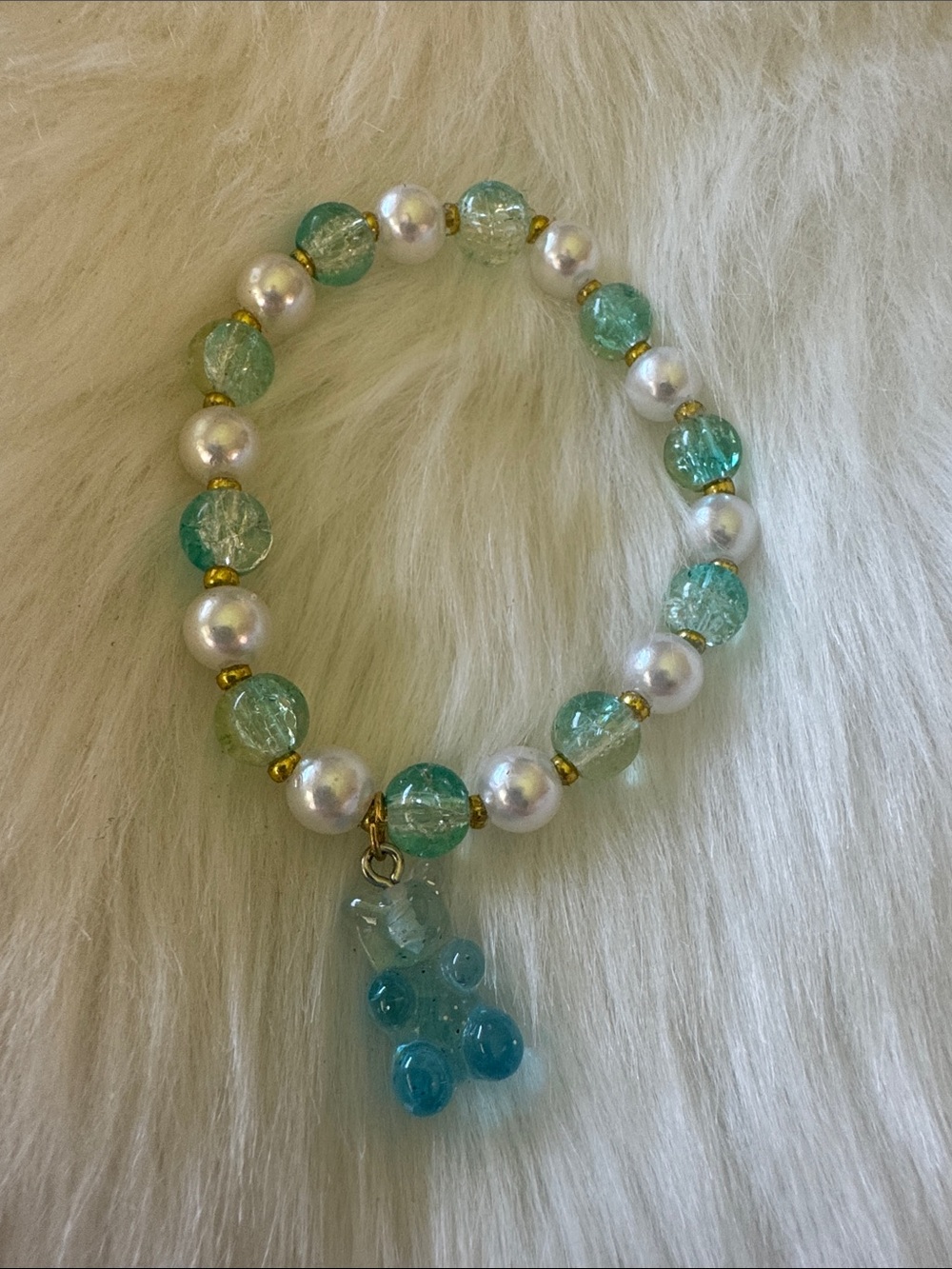 Pearl and Aqua Beaded Bracelet with Gummy Charm
